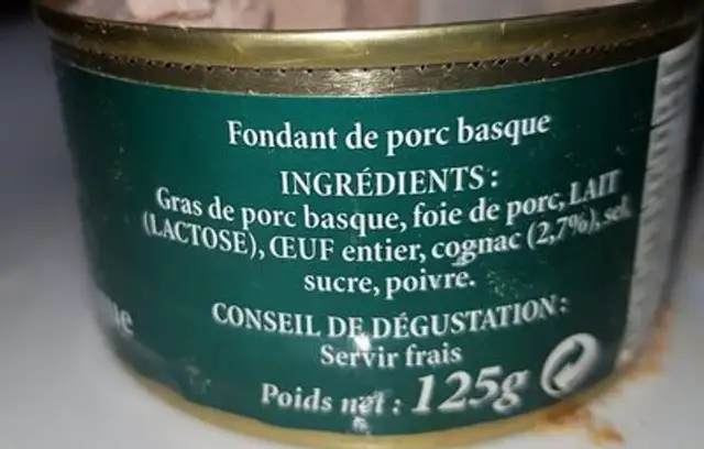 Fondant de porc ingredients label