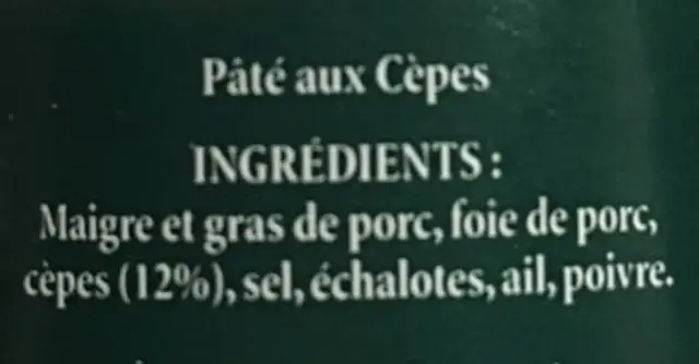 Pâté aux cèpes ingredients label