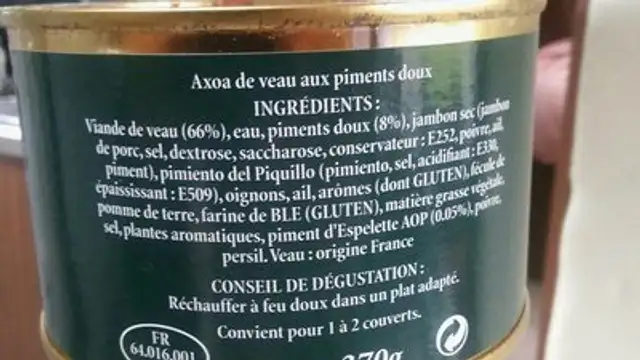AXOA DE VEAU AUX PIMENTS DOUX ingredients label