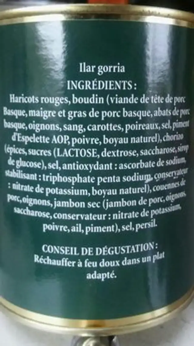 ILAR GORRIA ingredients label