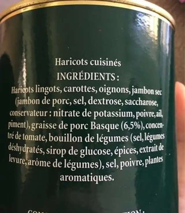 Haricots cuisinés ingredients label
