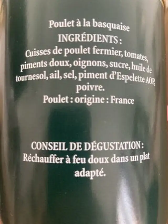 Poulet à la basquaise ingredients label