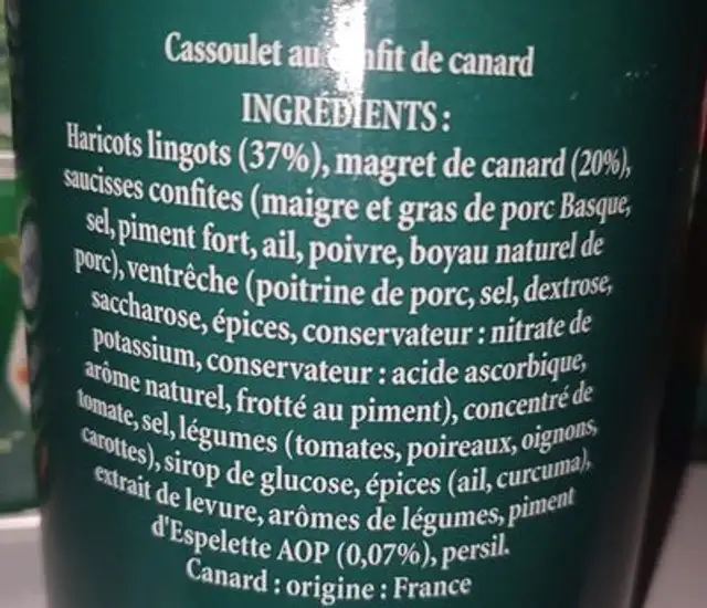 Cassoulet au confit de canard ingredients label