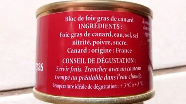 Bloc de foie gras de canard ingredients label