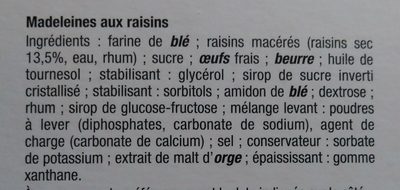 Madeleines Etoiles aux raisins macérés ingredients label