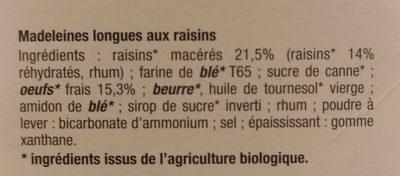 Madeleines aux raisins macéré bio ingredients label