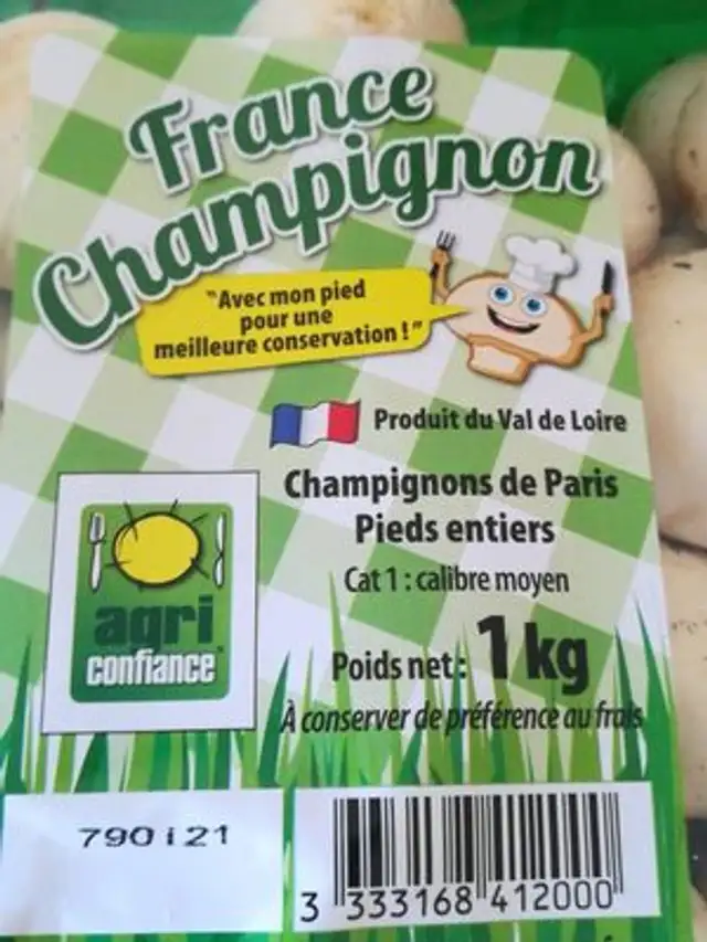 Champignons pieds entiers, calibre moyen, France, barquette ingredients label
