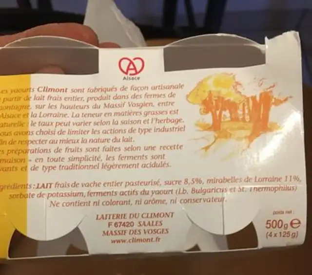 Climont au lait de montagne - fruits de Lorraine ingredients label