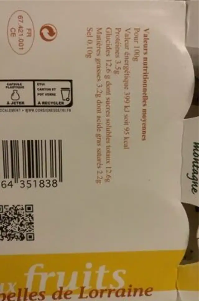 Climont au lait de montagne - fruits de Lorraine nutrition facts table