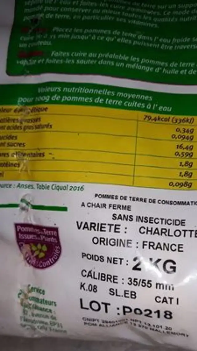 Pommes de terre ingredients label