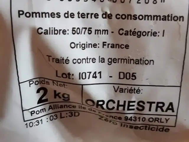 Pomme de terres ingredients label