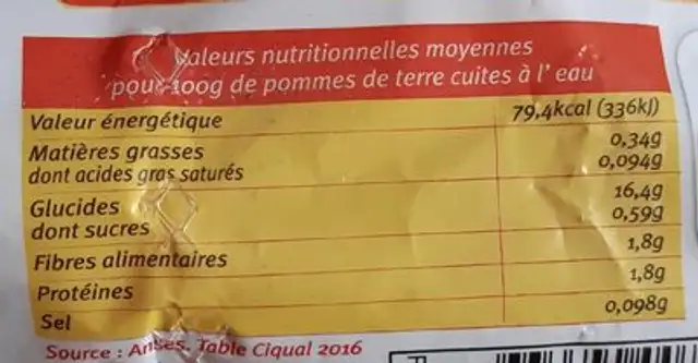 Pomme de terres nutrition facts table