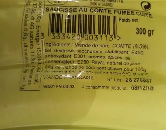 Saucisse fumé au comte ingredients label