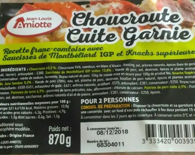 Choucroute cuite garnie ingredients label