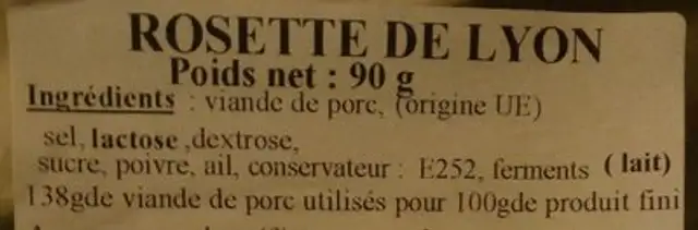 Rosette de Lyon ingredients label