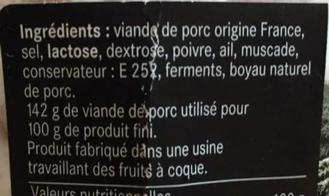 Saucisson sec d'Auvergne ingredients label