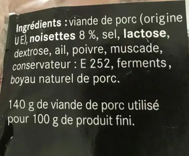 Saucisson sec aux noisettes ingredients label