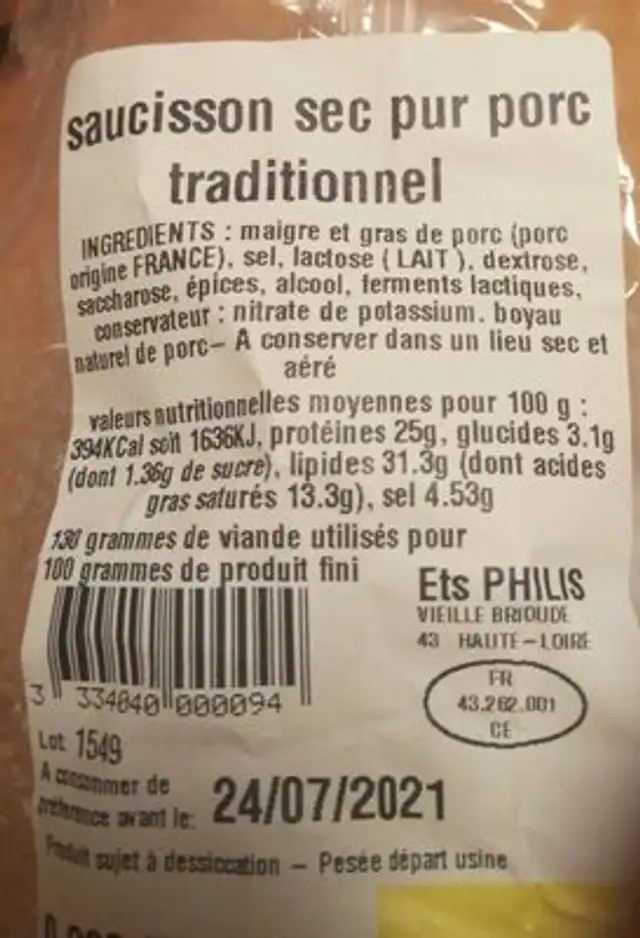 Saucisson sec traditionnel pur porc nutrition facts table