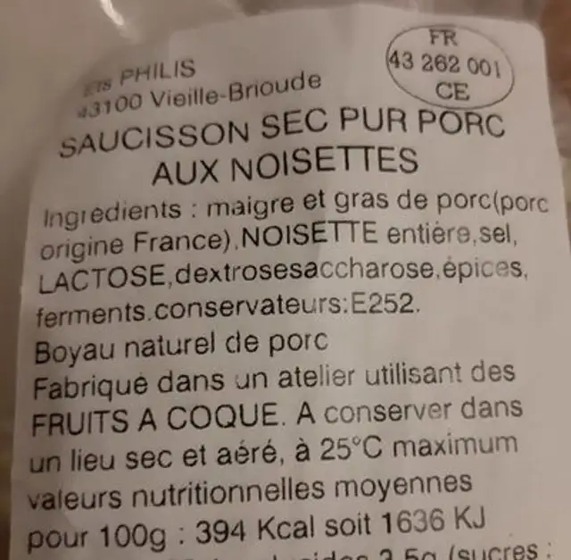 Saucisson sec pur porc aux noisettes ingredients label