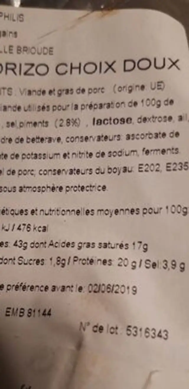 Chorizo choix doux ingredients label