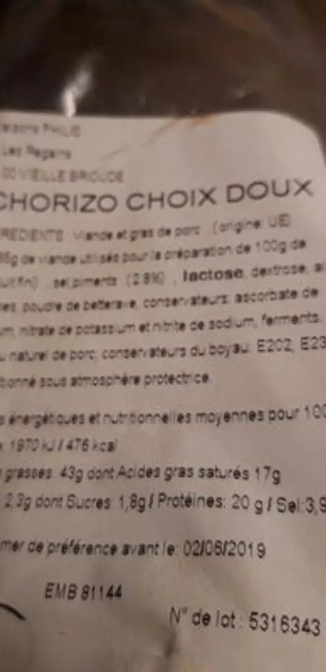 Chorizo choix doux nutrition facts table