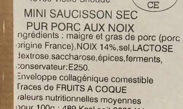 Mini saucissons aux noix ingredients label