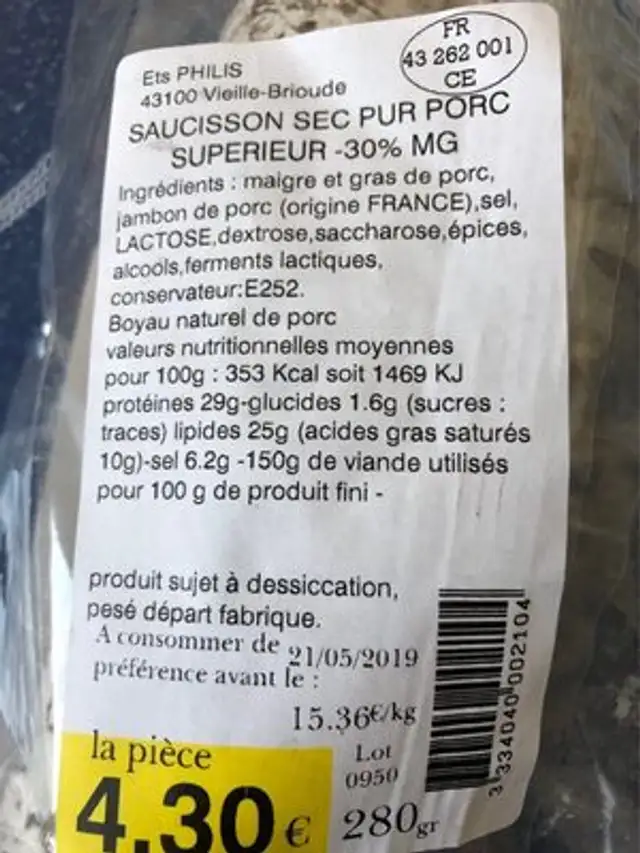 Saucisson sec supérieur ingredients label
