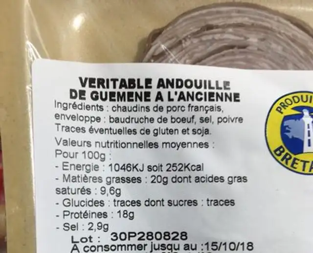 Andouille Guéméné ingredients label
