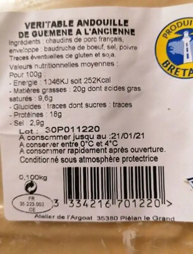 Andouille Guéméné nutrition facts table