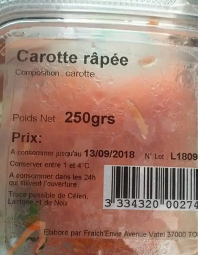 Carotte râpée ingredients label
