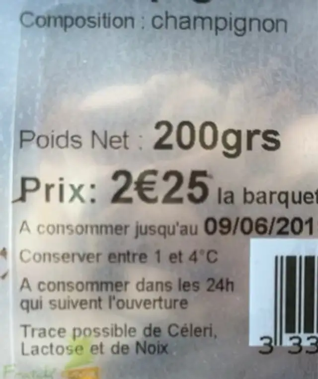 Champignon émincé ingredients label