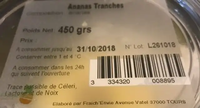 Ananas tranche ingredients label