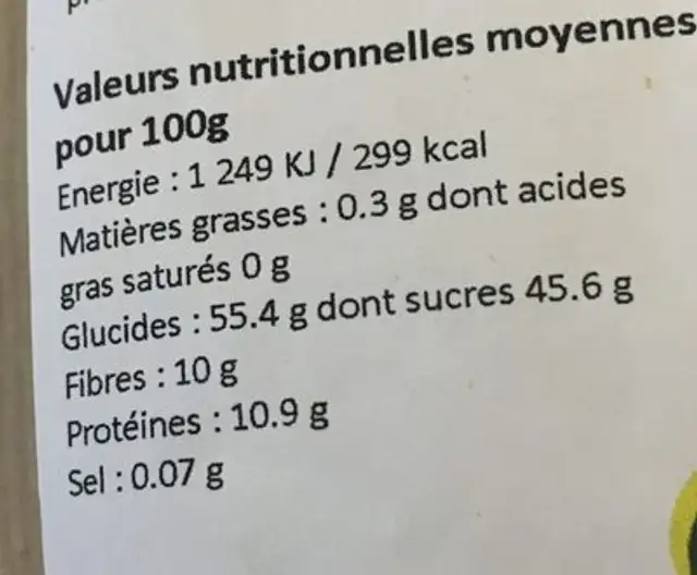 Baie de goji ingredients label