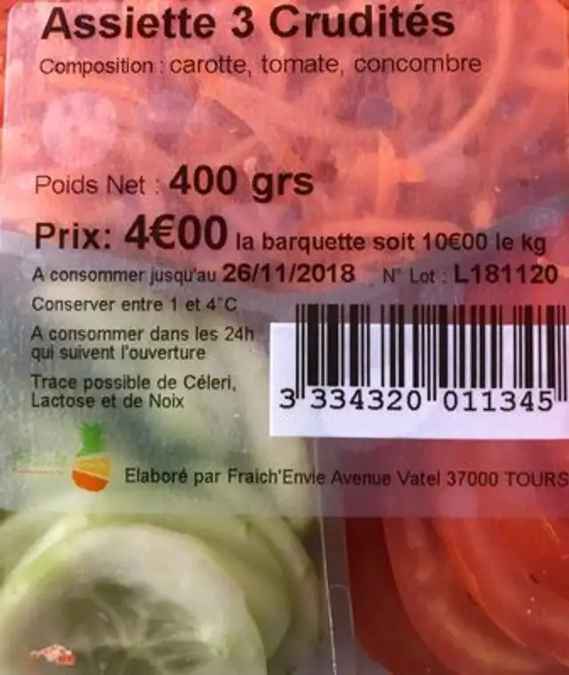 Assiette 3 crudites ingredients label