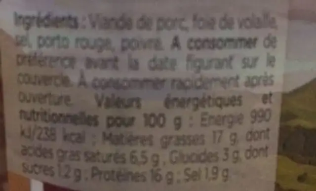 Pâté de foie de volaille ingredients label