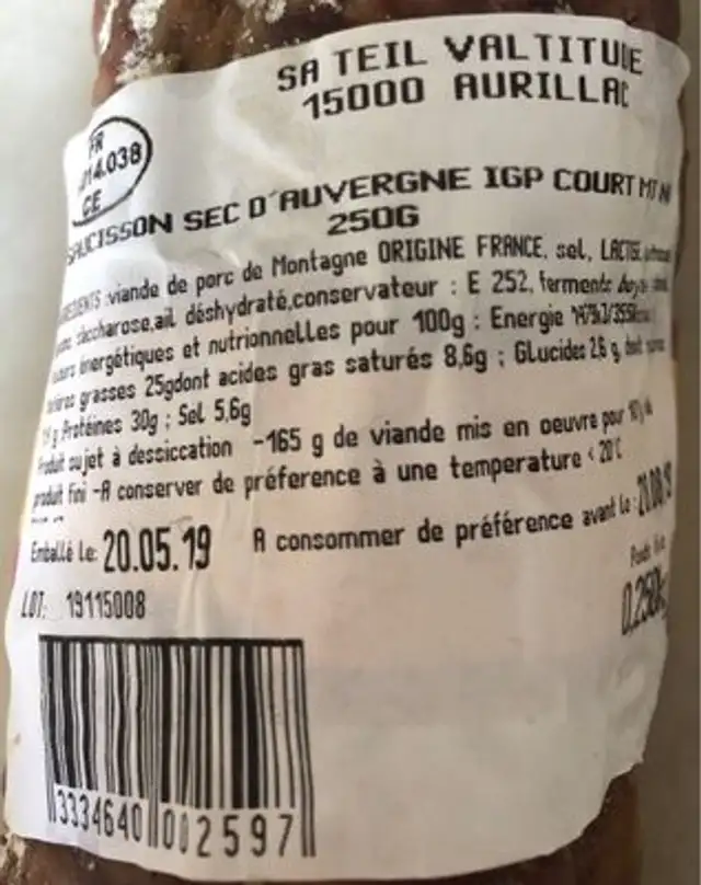 Saucisson sec d'auvergne ingredients label