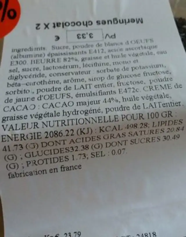 Meringue chocolat ingredients label