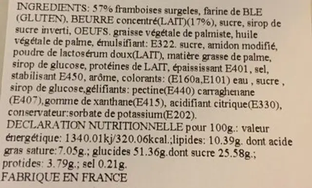Tartelette framb ingredients label