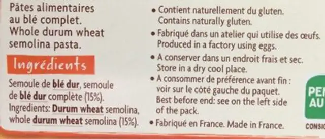 Spaghetti ble delice au ble complet ingredients label