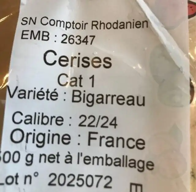 Cerises bigarreau ingredients label