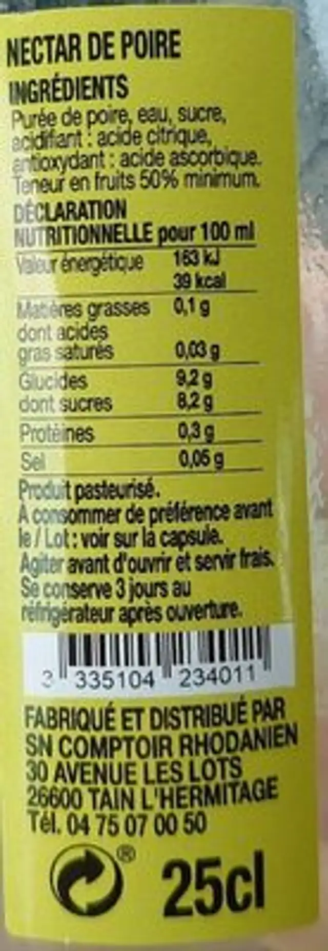 Nectar de poire nutrition facts table