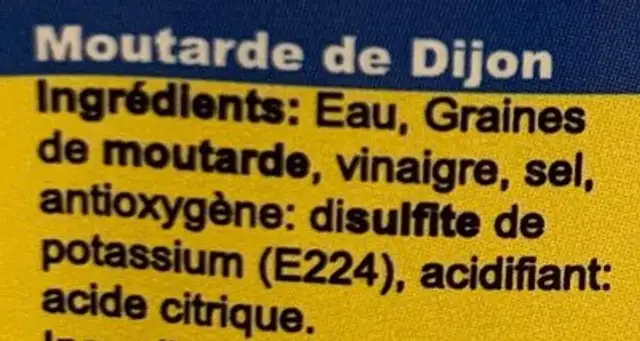 Moutarde ingredients label
