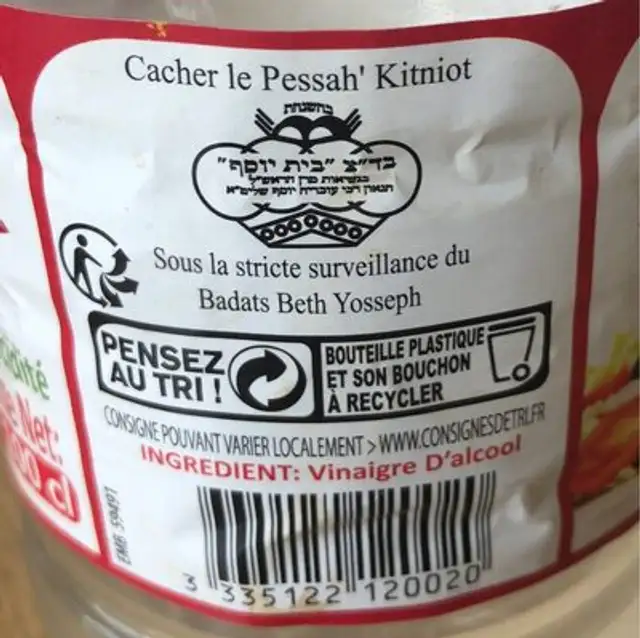 Vinaigre d'alcool blanc ingredients label