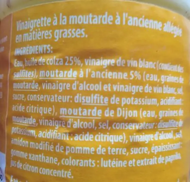Vinaigrette Moutarde a l Ancienne 500ml ingredients label