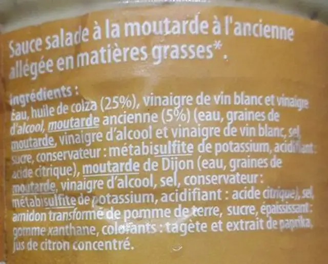 Vinaigrette moutarde ingredients label