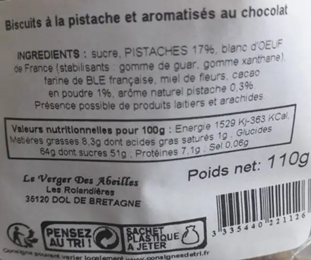 Croquants Chocolat pistache ingredients label