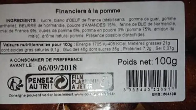 Financier a La Pomme ingredients label