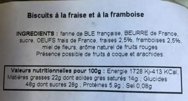Biscuits à la fraise et à la framboise ingredients label