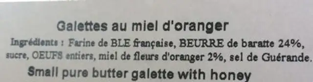 Galettes au miel d'oranger ingredients label
