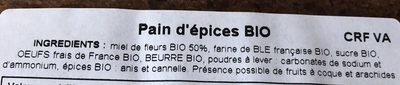 Pain d'épice Bio ingredients label